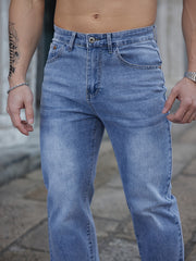 2025 Spring/Summer New Men's Light  Washed Faded Embroidered Slim-Fit Versatile Trendy Stretch Jeans