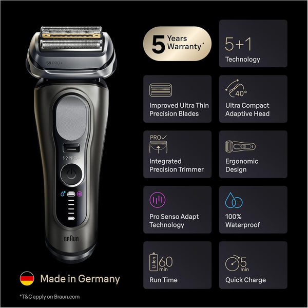 Braun Shavers Series 9 Pro+ Electric Shaver for Men, Wet & Dry Electric Razor, 5+1 Ultra Thin Precision Blades, Pro Sensoadapt, 6 in 1 Smartcare Center, 60 Min Runtime, 9665CCE Graphite