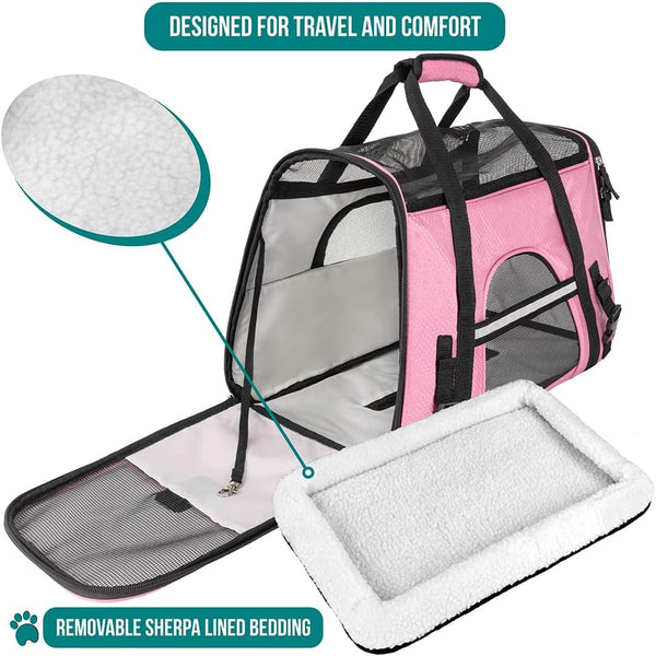 Petami Premium Airline Approved Soft-Sided Pet Travel Carrier | Ideal for Small - Medium Sized Cats, Dogs, and Pets | Ventilated, Comfortable Design with Safety Features (Small, Pink)