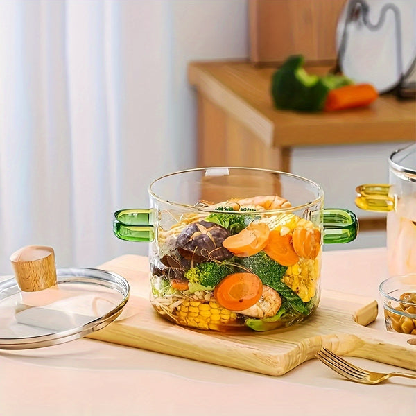 2pcs Glass Casserole Pot Suitable for All Stoves (Gas/Electric/Induction) - Thickened Heat-Resistant Shatterproof Soup Noodle Gravy Pot with Easy-Pour Spout & Even Heating Base, Heavy-Duty Glass Cookware for Home