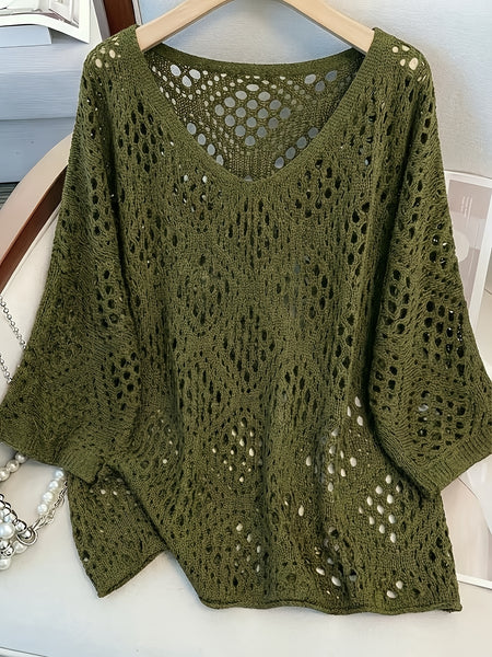 Plus Size - Plus Size - Plus Size Women'S Cashew Flower Loose Temperament Hollow Round Neck Pullover Long Sleeve Sweater