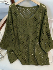 Plus Size - Plus Size - Plus Size Women'S Cashew Flower Loose Temperament Hollow Round Neck Pullover Long Sleeve Sweater
