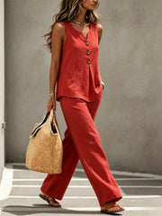 Spring Summer Women's Matching 2pcs Sets, V-Neck Sleeveless Button Top & Flowy Wide Leg Pants, Casual Resort Style Loungewear, Perfect for Summer Holiday, Staycation & Casual Outings, Holiday Essential