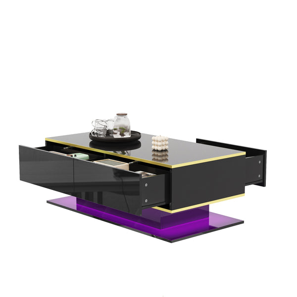 Modern LED coffee table, 100cm high gloss white coffee table, with 3 drawers and RGB light strips, adjustable color/brightness, gold edge, PB board material, suitable for living room, bedroom, lounge, studio - with a load-bearing capacity of 50kg and spac