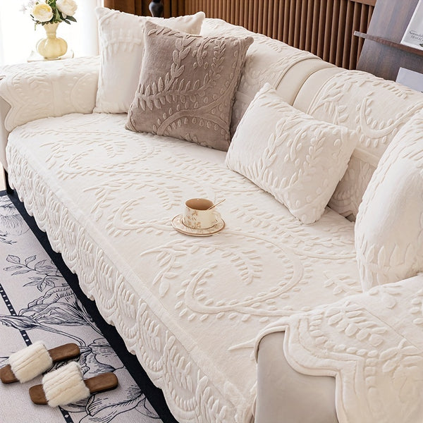 1pc Heavy-Duty Sofa Cover - Beige Floral & Leaf pattern, Non-Slip Couch Protector with Pet-Friendly One-Piece Design, Machine Washable for Living Room, Bedroom, Office - Fits Most Single/Double/Three/Four-Seater Sofas - Modern Home Decor, Sofa for Living