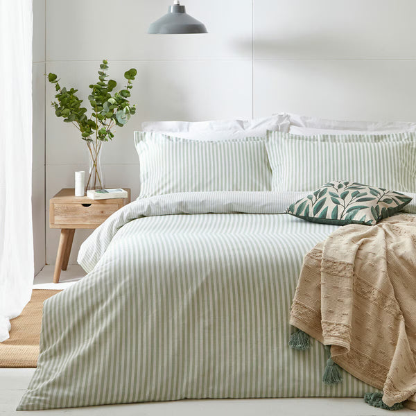 Yard Hebden 100% Cotton Green Stripe Duvet Cover Set in 4 Sizes