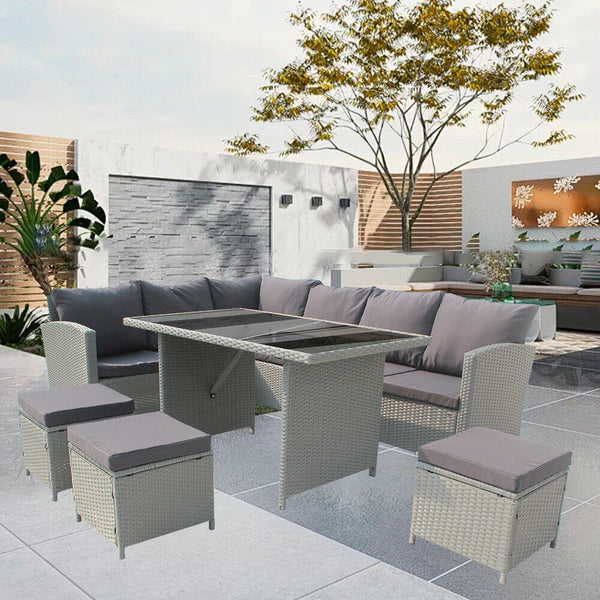 9Seats Garden Furniture Set Rattan Outdoor Corner Sofa Wicker Dining Table Chair for Patios Conservatories Rectangular