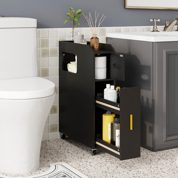 GYMAX 16 CM Slim Bathroom Cabinet, Rolling Beside Toilet Storage Cart with Toilet Paper & Brush Holder, Slide-out Drawer, 2 Lockable Wheels, Space-saving Organizer for Laundry Room, Living Room, Black