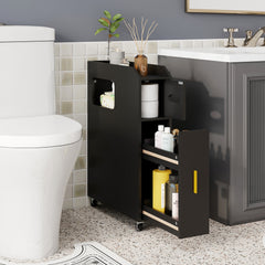 GYMAX 16 CM Slim Bathroom Cabinet, Rolling Beside Toilet Storage Cart with Toilet Paper & Brush Holder, Slide-out Drawer, 2 Lockable Wheels, Space-saving Organizer for Laundry Room, Living Room, Black