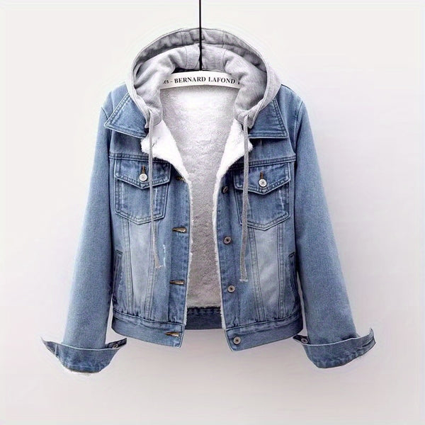 Women's denim hooded winter jacket with pockets - Warm panel design, detachable hood, casual autumn/ winter jacket, comfortable for outdoor wear, Women's winter denim, Cold Weather Wear, Seasonal Fashion, Retro Style, Quality Stitching, Casual Attire