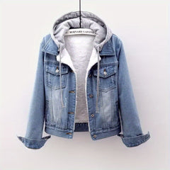 Women's denim hooded winter jacket with pockets - Warm panel design, detachable hood, casual autumn/ winter jacket, comfortable for outdoor wear, Women's winter denim, Cold Weather Wear, Seasonal Fashion, Retro Style, Quality Stitching, Casual Attire