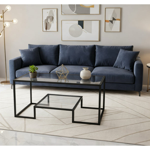 Alivio Modern Coffee Table with Metal Frame & Shelves Storage (Glass)