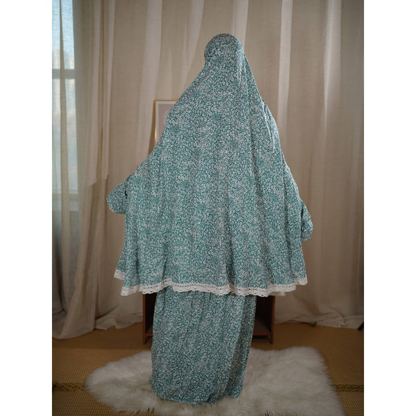 Traditional Muslim Women's Printed Hooded Prayer Gown Two-Piece Set - Upper Skirt 80cm, Lower Skirt 105cm