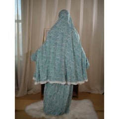 Traditional Muslim Women's Printed Hooded Prayer Gown Two-Piece Set - Upper Skirt 80cm, Lower Skirt 105cm