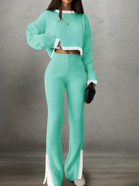 Women'S Short Color-Blocked Long-Sleeve Top with Solid Color Pants, a Casual And Stylish Outfit for Christmas
