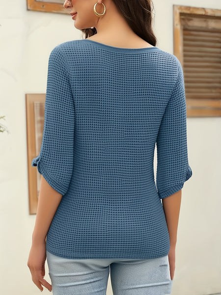 3pcs New Spring/Autumn Collection: Solid Color Cuff Button-Up Round Neck Three-Quarter Sleeve Casual Loose Women's Top Base Tee, Comfortable and Stylish - Suitable for Daily Wear and Lounging in Spring and Autumn