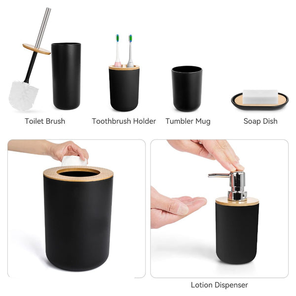 6pc Grey Black White Bathroom Accessories- Bathroom Bin And Toilet Brush Set- Durable Toothbrush Holder Cup- Soap Dispenser With Pump- Soap Dish Holder