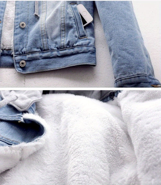 Women's denim hooded winter jacket with pockets - Warm panel design, detachable hood, casual autumn/ winter jacket, comfortable for outdoor wear, Women's winter denim, Cold Weather Wear, Seasonal Fashion, Retro Style, Quality Stitching, Casual Attire