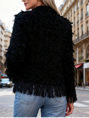 Women'S Elegant Fringed Cardigan Jacket Buttoned Neckline, Structured Silhouette with Fringed Hem Machine-Washable Autumn/Winter Outerwear Tailored Design