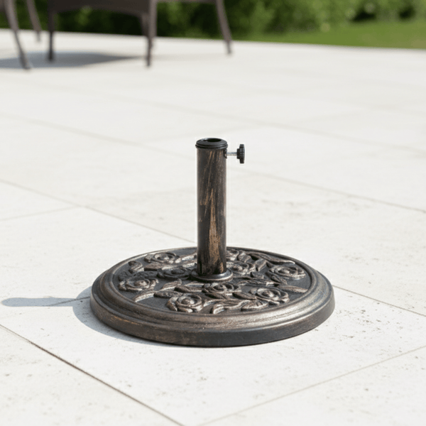 9KG Cast Iron Effect Garden Parasol Base with Floral Rose Design – Heavy Duty, Weather-Resistant & Easy to Assemble for Outdoor Umbrella and Canopy