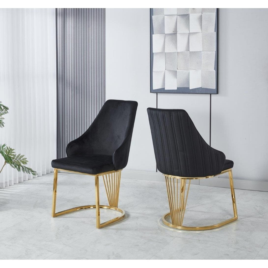 Set of 2 Modernique Velvet Upholstered Dining Chairs with Gold Metal Frame, Available in Black Grey and Cream