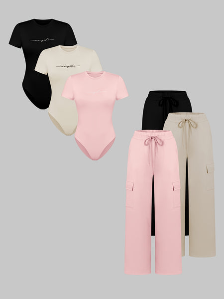 New Spring And Summer Collection of 6pcs Set for Women Featuring Casual, Elegant, And Business Styles. Includes Fitted Solid Color And Printed Short-Sleeve Bodysuits
