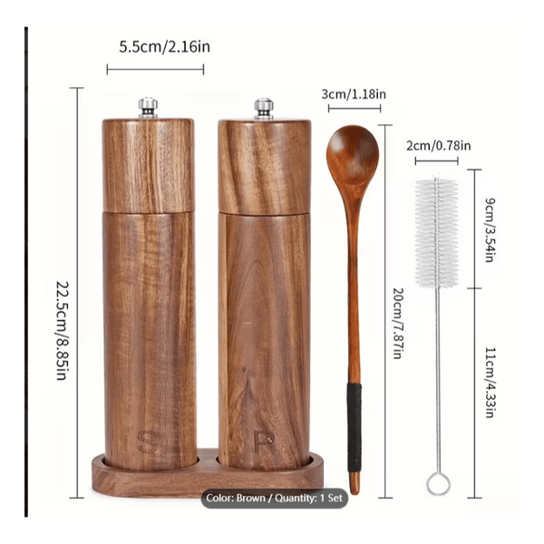 Wooden Salt And Pepper Grinder Set, Acacia Wood Pepper Mill With Wooden Tray, Cleaning Brush, Spoon, 20.32 Cm, Dinner Table Accessories, Chrismas Gifts, Halloween Gifts