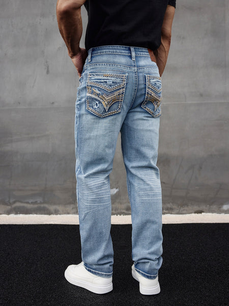 Men'S Elastic Washed Denim Jeans with Thick Line Embroidery on The Front And Back Pockets