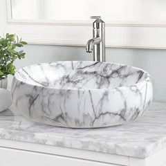 White Ceramic Bathroom Vanity Wash Basin Sink Countertop Oval Marble Effect Bowl With Stainless Steel Drainer Kit, Hand Wash Basin, Classic Design White Marble Effect Oval Sink for Bathroom Lavatory, Hotel Vanity Unit, 48x34x14.5cm, Only Basin