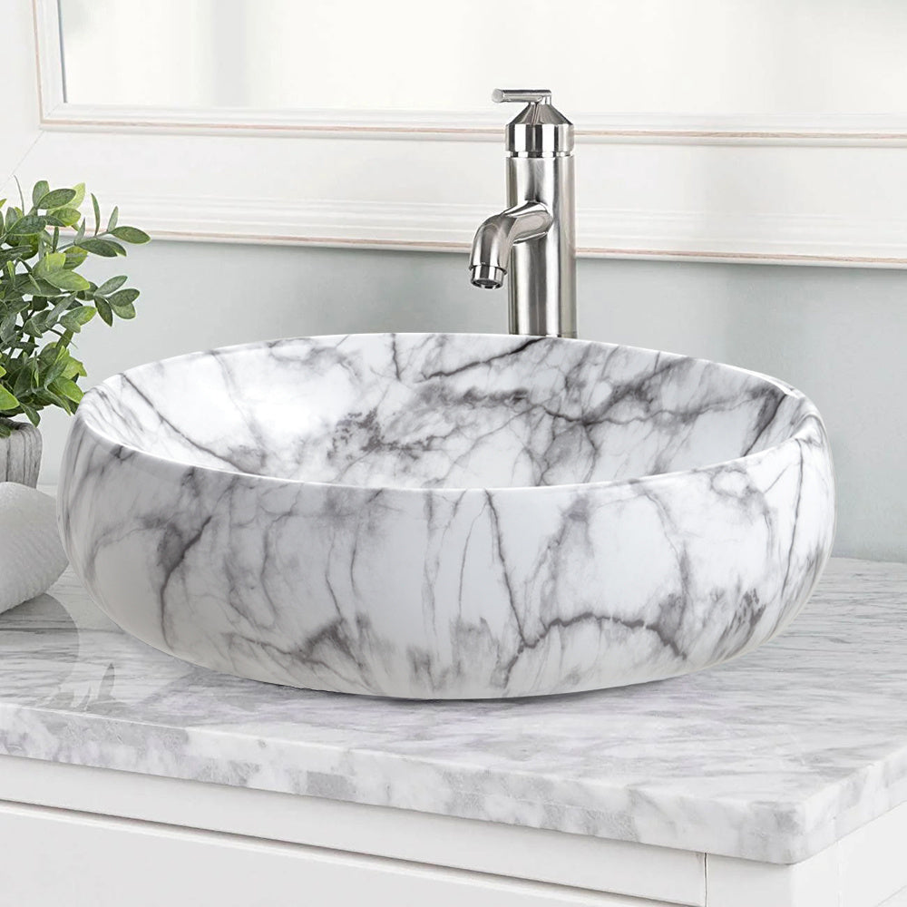 Modern Bathroom Basin Sink, Counter Top White Marble Effect Cloakroom Ceramic Basin for Bathroom, Vanity Cabinet, and Toilet, Oval Countertop Bathroom Vessel Basin, Vessel Sink Hand Wash Basin With Drainer Kit for Bathroom Lavatory Vanity Cabinet (48x34x1