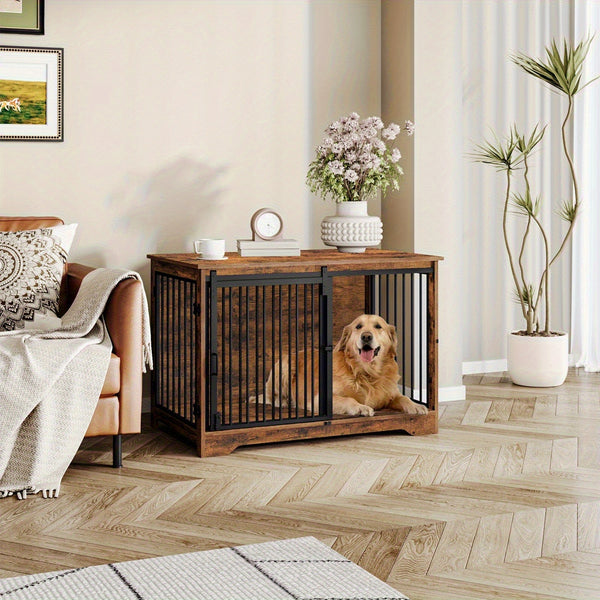 Dog Crate Furniture, 100.08cm Double Door Dog Crate with Barn Door, Dog Kennel Indoor, End Side Table Wooden Dog Crate for Small Medium Large Dog, Anti-Chew Anti-Escape, Greige, White