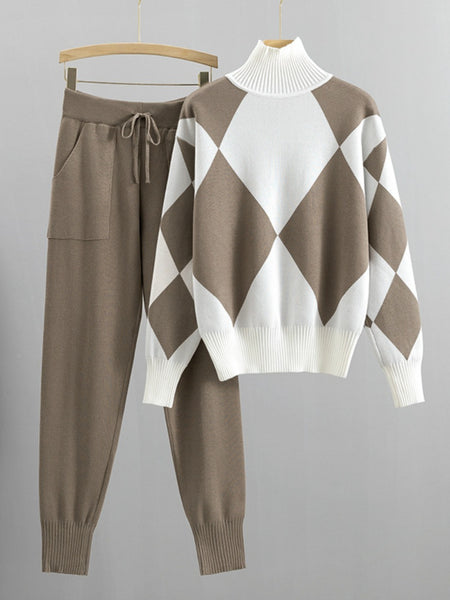 Women'S New Arrival Autumn/ Winter 2024 Casual Check Pattern Sweater Set - Style Trendy Two-Piece Outfit, Long Sleeve, Square Neck, Color Block, Drawstring, Pants, Casual Wear|Check Pattern Top|Drawstring Pants, Sweater Set