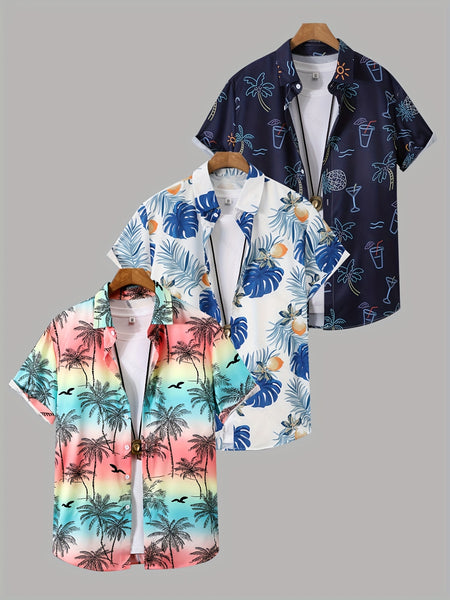 3pcs Men'S Tropical Hibiscus & Palm Leaf Print Short Sleeve Summer Shirts - Breathable Non-Stretch Fabric, Button-Up Collar Casual Button-Up Shirt with Tropical, Hibiscus & Palm Leaf Design, Machine Washable, Perfect For Beach, Vacation