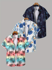3pcs Men'S Tropical Hibiscus & Palm Leaf Print Short Sleeve Summer Shirts - Breathable Non-Stretch Fabric, Button-Up Collar Casual Button-Up Shirt with Tropical, Hibiscus & Palm Leaf Design, Machine Washable, Perfect For Beach, Vacation