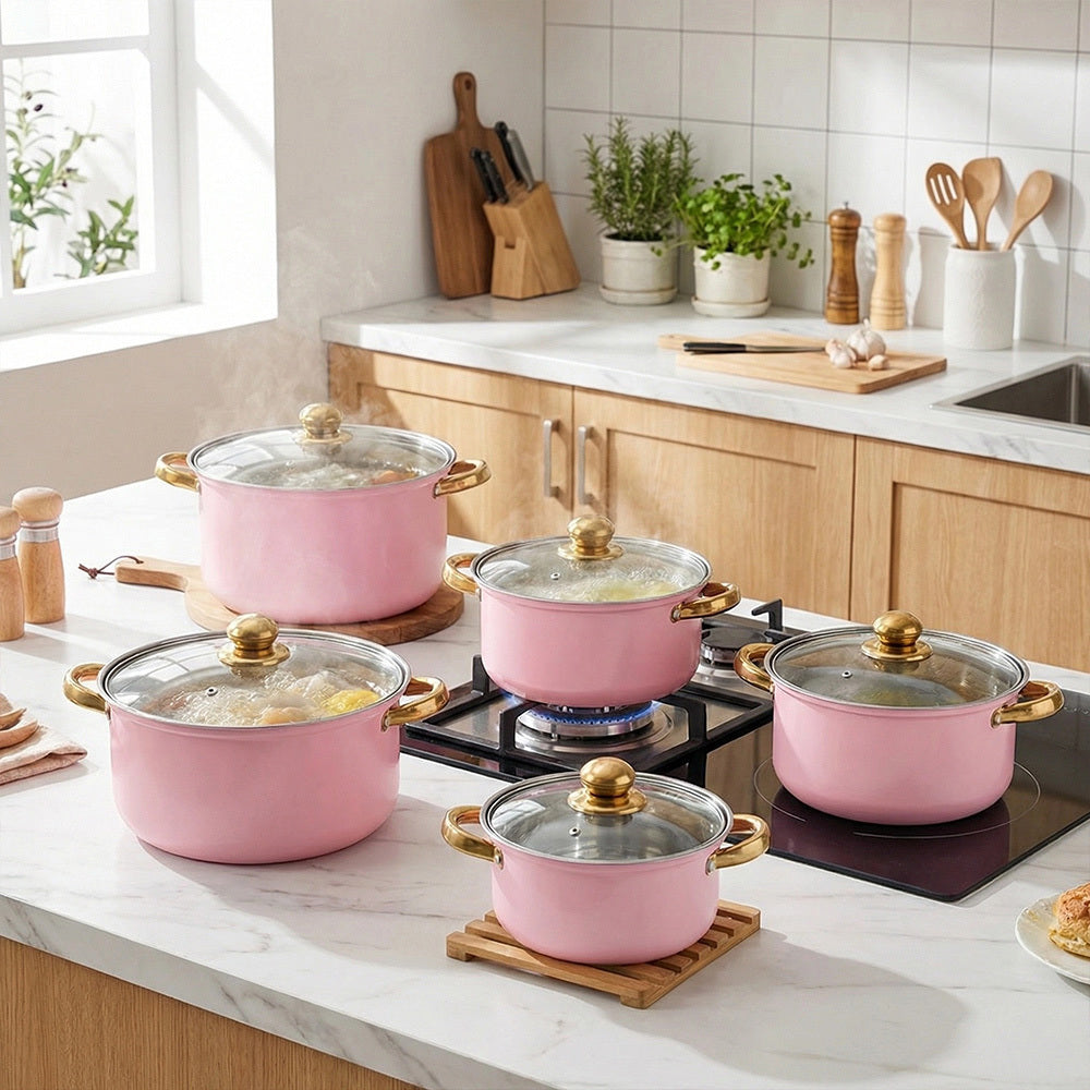 Stainless Steel Soup Pot Set (10PCS), Household Milk and Boiling Pots in Multiple Sizes, Ideal for Soup, Noodles and Hot Pot, Gold-Plated Handle, Pink