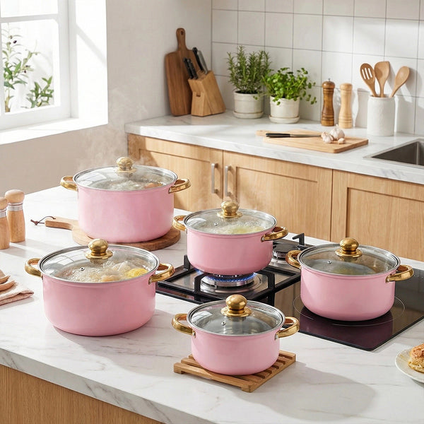 Stainless Steel Soup Pot Set (10PCS), Household Milk and Boiling Pots in Multiple Sizes, Ideal for Soup, Noodles and Hot Pot, Gold-Plated Handle, Pink
