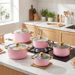Stainless Steel Soup Pot Set (10PCS), Household Milk and Boiling Pots in Multiple Sizes, Ideal for Soup, Noodles and Hot Pot, Gold-Plated Handle, Pink