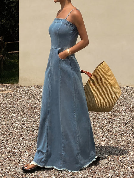 [2026Ss]Vintage Distressed Washed Denim Long Strap Dress, an Elegant And Stylish Outfit for Women, Made from Comfortable Fabric in a Retro Denim Style
