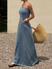 [2026Ss]Vintage Distressed Washed Denim Long Strap Dress, an Elegant And Stylish Outfit for Women, Made from Comfortable Fabric in a Retro Denim Style