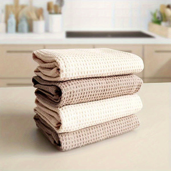Modern Waffle Weave Dish Cloths Set - 100%, Hand Wash Only, Square Kitchen Towels with Hanging Loop, Solid Color, Highly Absorbent & Durable for Dishes & Countertops, Mixed 4pcs