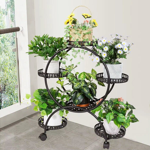 4 Layer 6 Pots Flower Holder Plant Stand Shelf 4-Wheel Free Moving Dispaly Shelf Rack Balcony