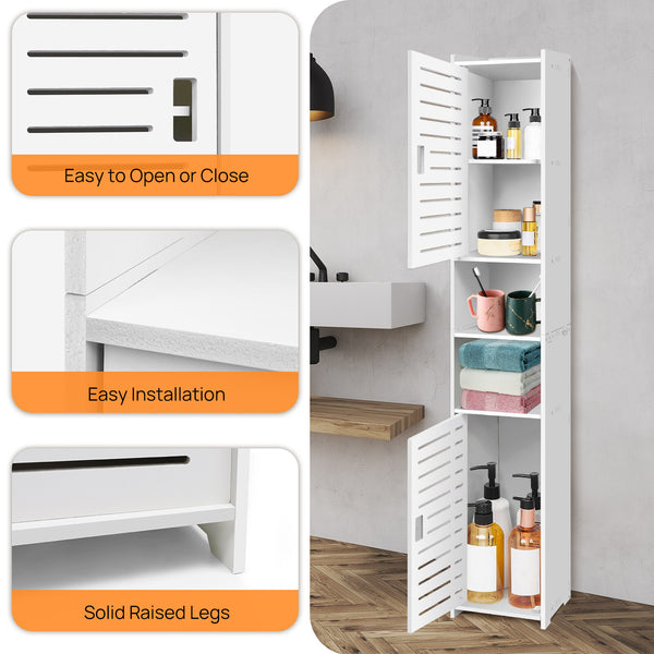 Bathroom Storage Cabinet, Tall Bathroom Cabinet, Slim Storage Cabinet, Freestanding Linen Tower Cabinet with 4 Tier and Door, Easy to Install for Kitchen/Hallway/Bedroom (116x20x20CM)