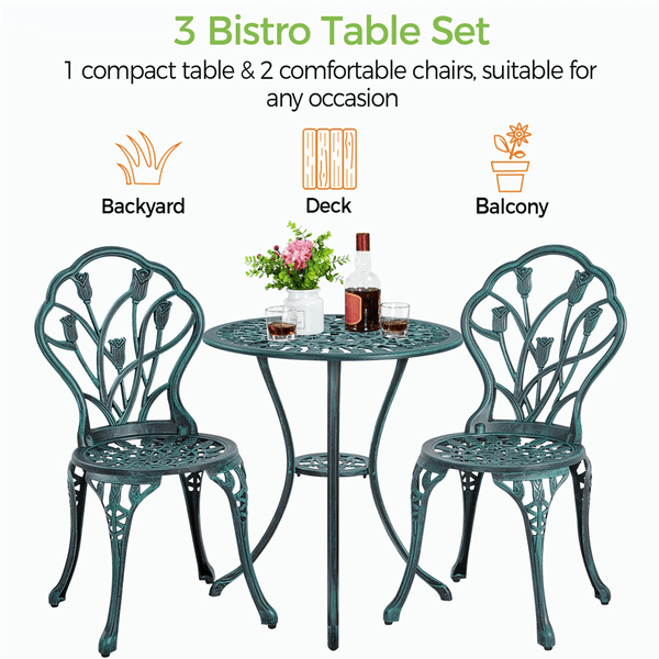 Costoffs 3pcs Patio Bistro Table Set with Umbrella Hole Outdoor Furniture Antique Aluminium Chair Rose Vine Dining Set for Garden Backyard Porch Balcony Lawn Pool
