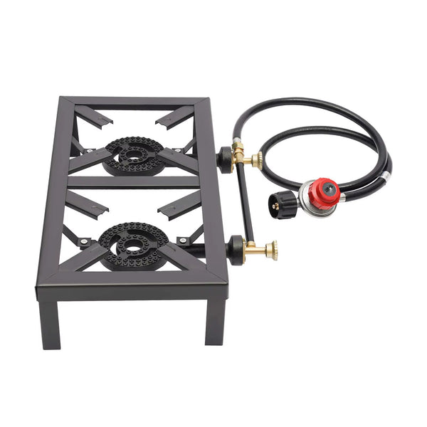 Portable Double Burner Outdoor Gas Stove Propane Cooker with Adjustable 0-10Psi Regulator Hose for Patio Camping, BBQ, Home