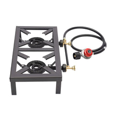 Portable Double Burner Outdoor Gas Stove Propane Cooker with Adjustable 0-10Psi Regulator Hose for Patio Camping, BBQ, Home