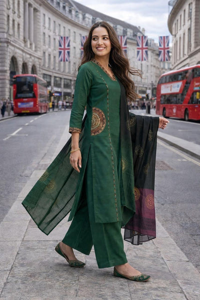 TeamWear* Womens Cotton Embroidered Neck and Dual Pockets Kurta Set with Palazzo and Contrast Dupatta