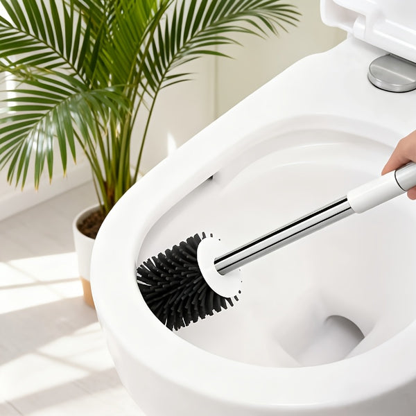 Soft Bristle Toilet Brush Bracket Set, Round Bathroom Toilet Cleaning Brush, Modern Design Deep Cleaning Toilet Brush, Sturdy Long Handle, Quick-drying Toilet Brush Set, White