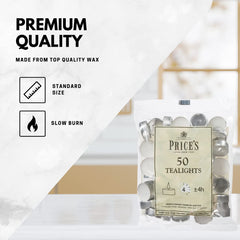Prices Patent Candles White Tealights Bag, Pack of 50, Wax, L X 3.8Cm W X 1.8Cm H, Unscented