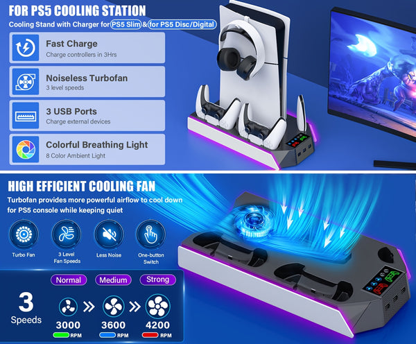 for PS5/Slim/ Pro Stand Disc & Digital Console, RGB Cooling & Charging Station with 3-Level Fan, Controller Charger for PS5 Controller, Accessories with 3 USB Ports/Cooling Fan/Headset Holder