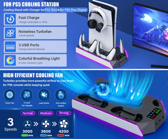 for PS5/Slim/ Pro Stand Disc & Digital Console, RGB Cooling & Charging Station with 3-Level Fan, Controller Charger for PS5 Controller, Accessories with 3 USB Ports/Cooling Fan/Headset Holder